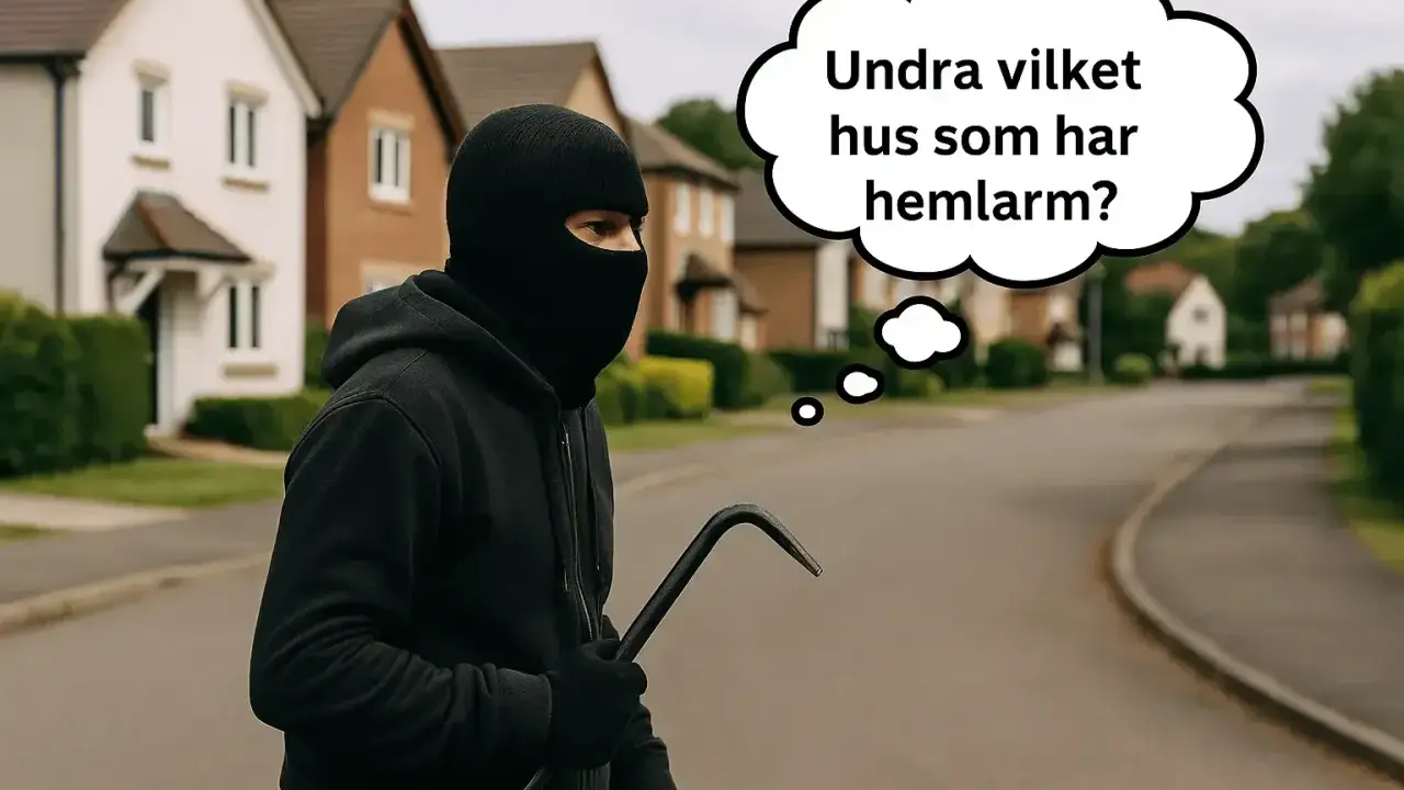 En maskerad person med ett kofot funderar på inbrott statistik och vilket hus som har hemlarm.