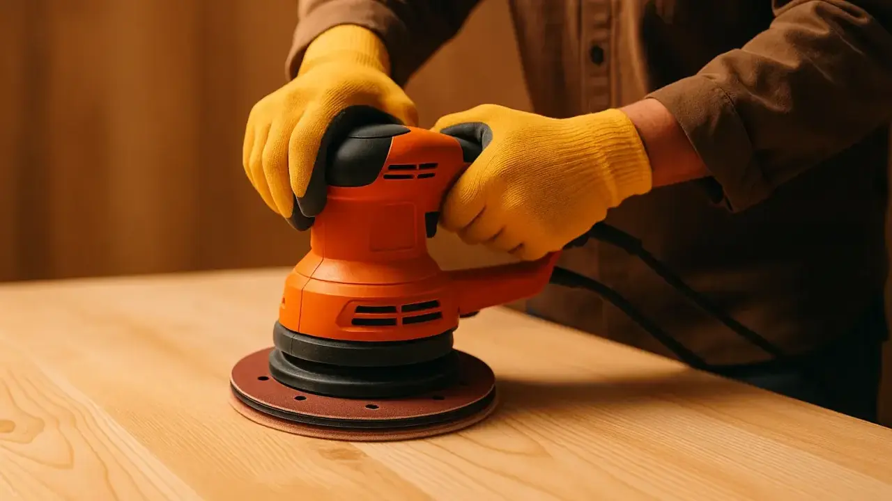 Maintenant, quelle ponceuse choisir pour meuble ? Un artisan utilise une ponceuse orbitale orange pour lisser un plateau en bois.