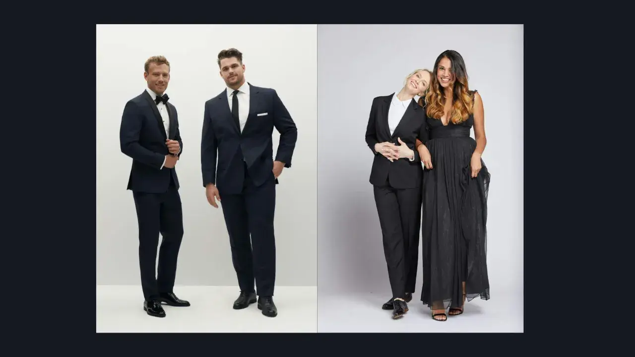 Two men in navy suits and two women in black formal wear, showcasing a sophisticated black tie dresscode.