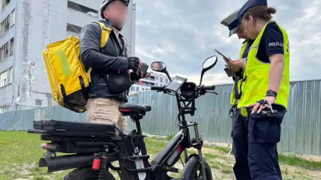 Dostawca z żółtą torbą na plecach rozmawia z policjantkami obok swojego roweru elektrycznego bez pedałowania.