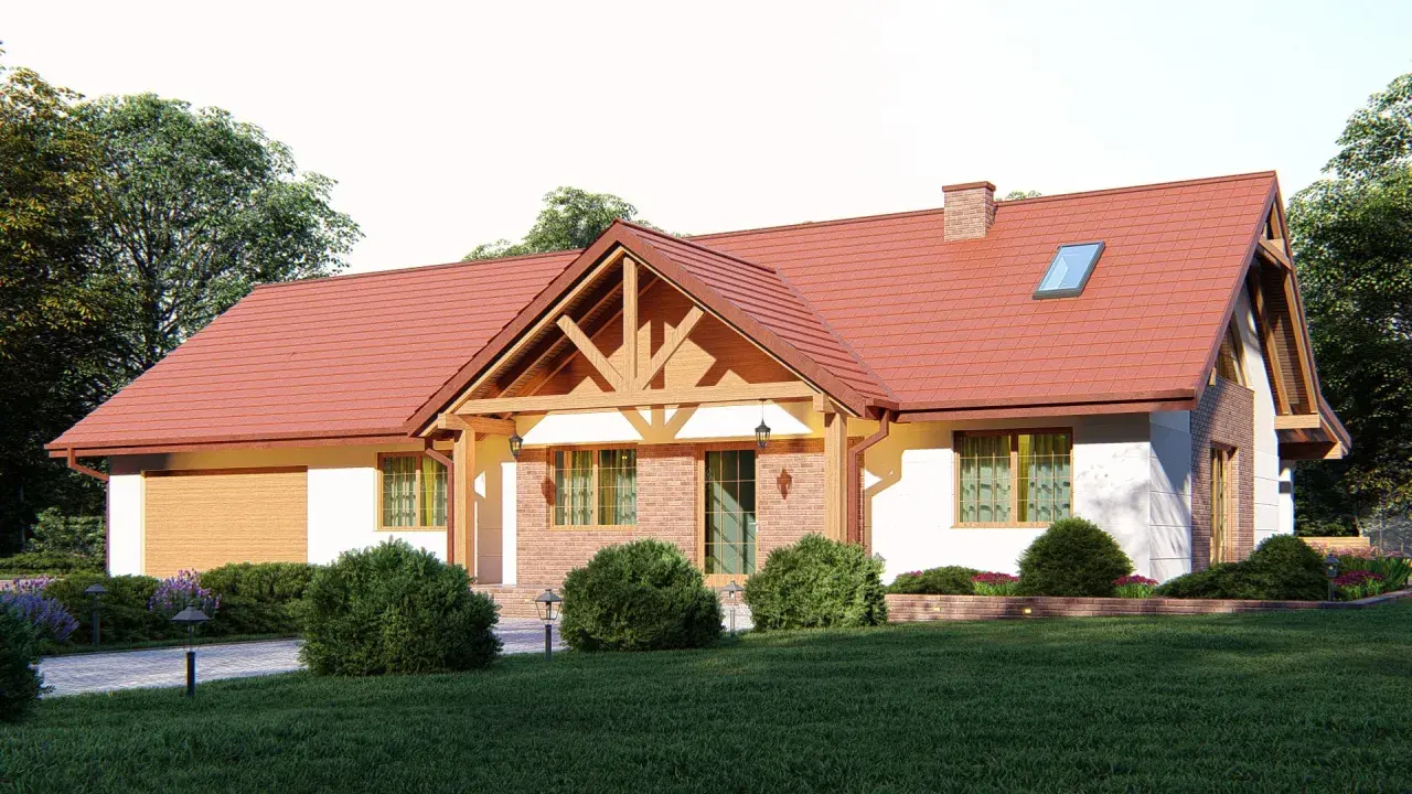 Urokliwy dom w stylu kolonialnym z czerwoną dachówką, ceglanymi detalami i drewnianą werandą, otoczony zielenią.