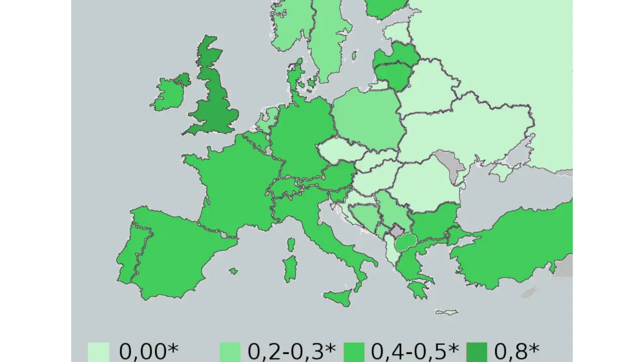 Mapa Europy z dopuszczalną ilością alkoholu we krwi. Aby alkohol się palił, musi mieć co najmniej 0,8 promila.