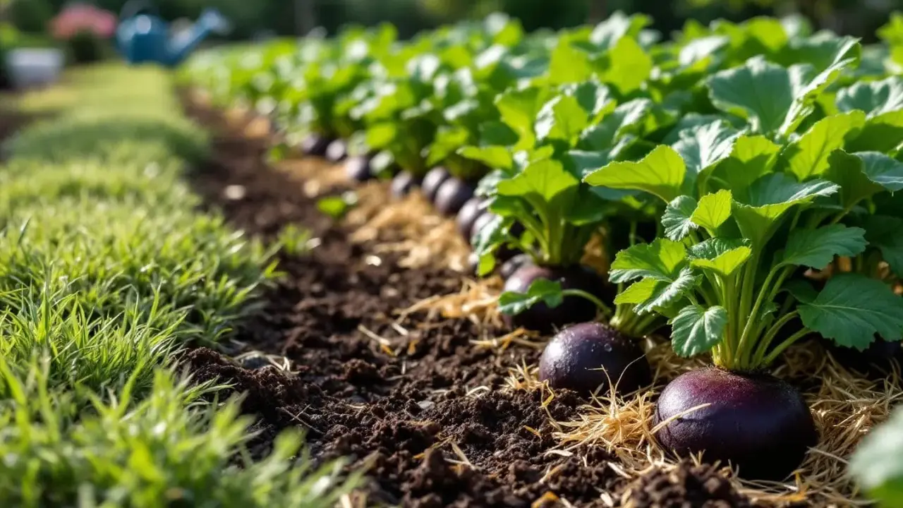 Rangée de radis noirs mûrs dans un jardin ensoleillé, prêts à être récoltés.