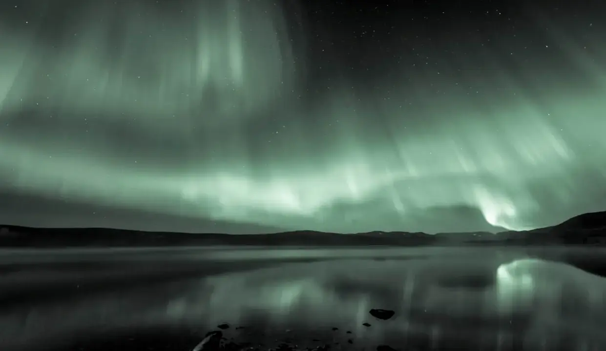 Ett magiskt vitt norrsken dansar över en spegelblank sjö i norra Sverige. Stjärnor glittrar i den mörka himlen.