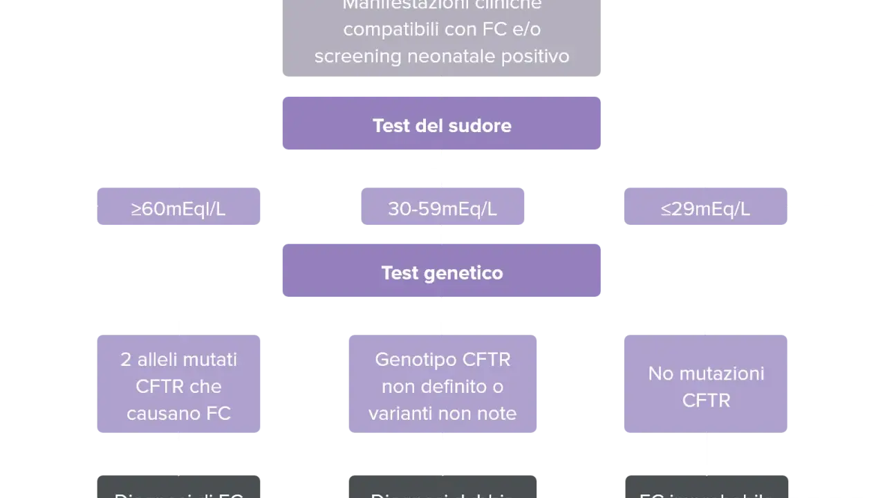 Diagramma di flusso per la diagnosi di fibrosi cistica neonato: test del sudore, test genetico e possibili esiti.