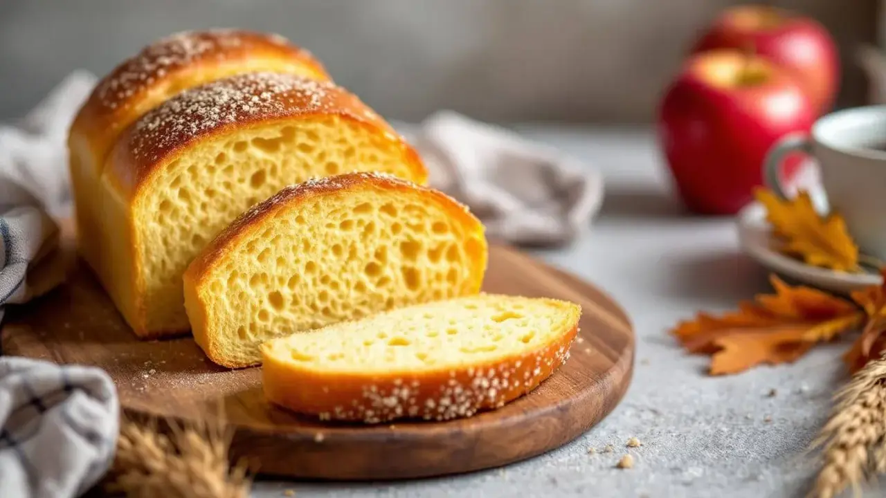 Un pain au pomme doré, tranché sur une planche en bois, avec des pommes rouges et des feuilles d'automne en arrière-plan.