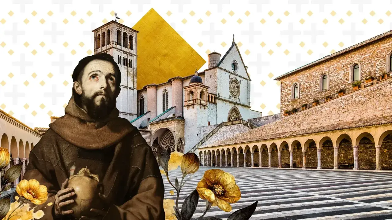 Św. Franciszek z Asyżu, patron roku św. Franciszka, w otoczeniu bazyliki i symboli życia.