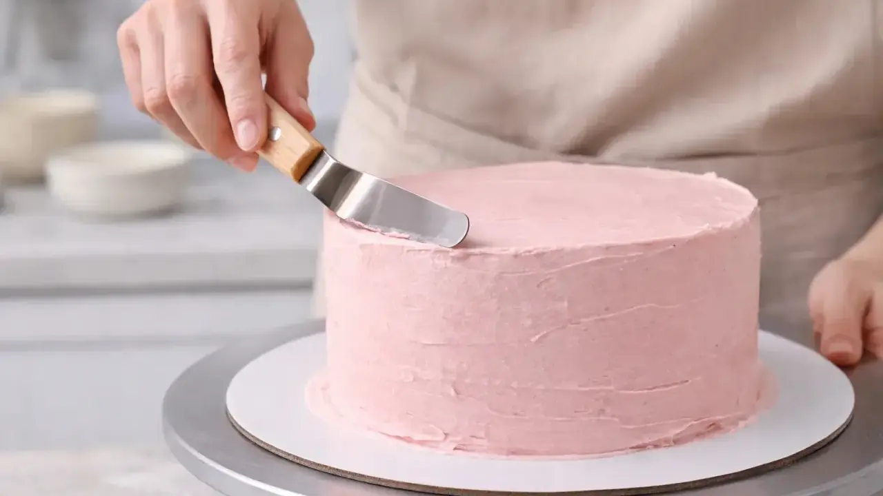 Manos expertas aplican glaseado rosa a un pastel redondo. Aprende como decorar tartas con esta técnica.