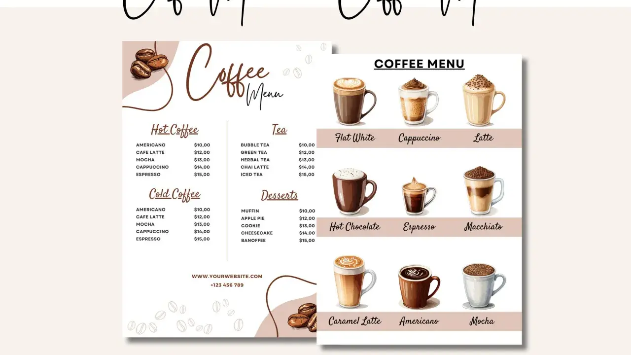 Kawiarniany menu przykład: gorące i zimne kawy, herbaty, desery, gorąca czekolada, espresso, latte, cappuccino, mocha, americano, macchiato, caramel latte.