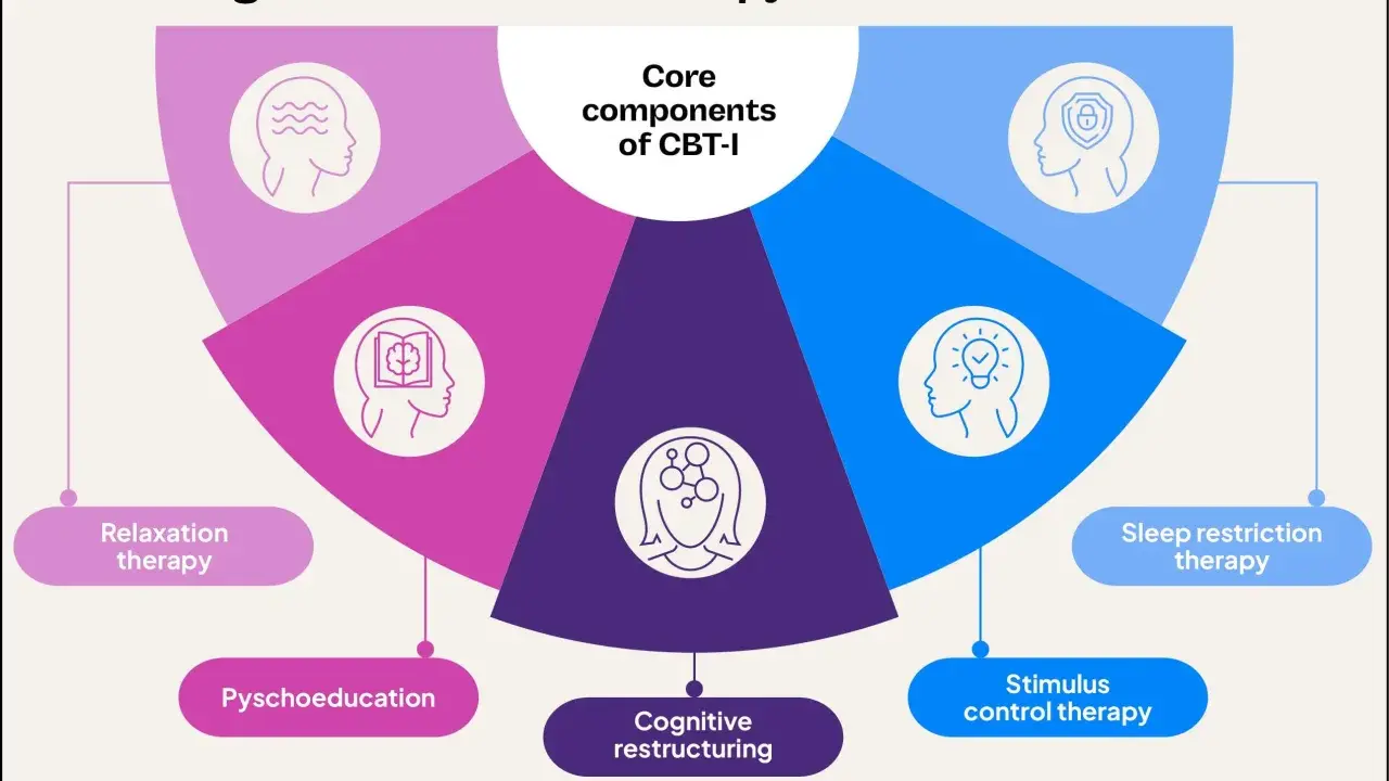 Grafik zeigt Kernkomponenten von CBT-I: Entspannungstherapie, Psychoedukation, kognitive Umstrukturierung, Stimuluskontrolle & Schlafrestriktion.