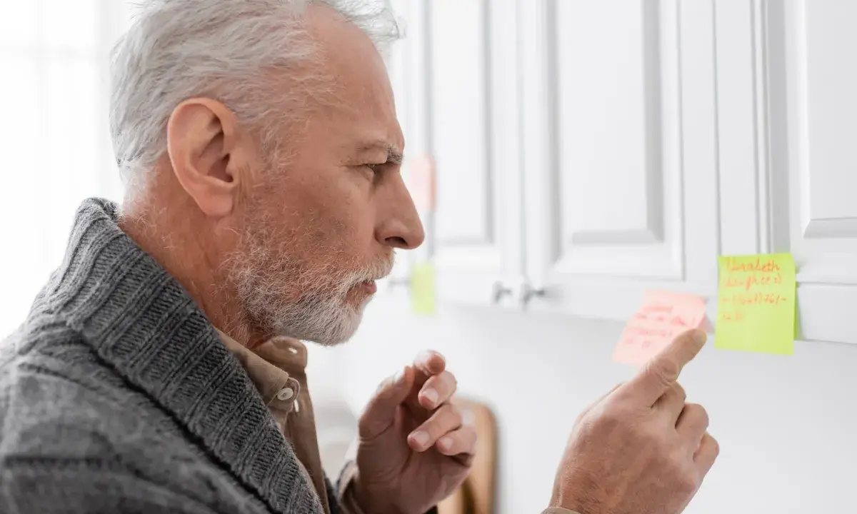 Uomo anziano con Alzheimer, confuso, cerca di ricordare con post-it. Peggioramento improvviso.