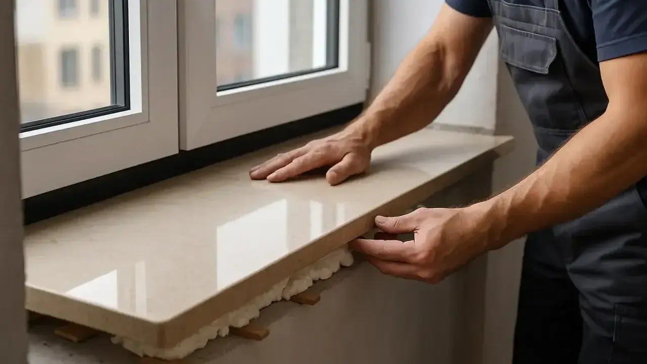 Montaż parapetów granitowych na piankę. Ręce pracownika dopasowują jasny, błyszczący parapet do okna.