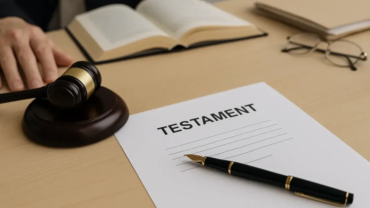 Sądowy młotek, otwarte księgi i pióro czekają na podpisanie testamentu notarialnego.