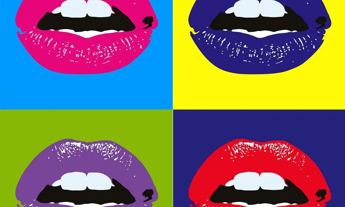 Four vibrant lips in pop art style, reminiscent of Warhol's work, against bold, contrasting backgrounds.