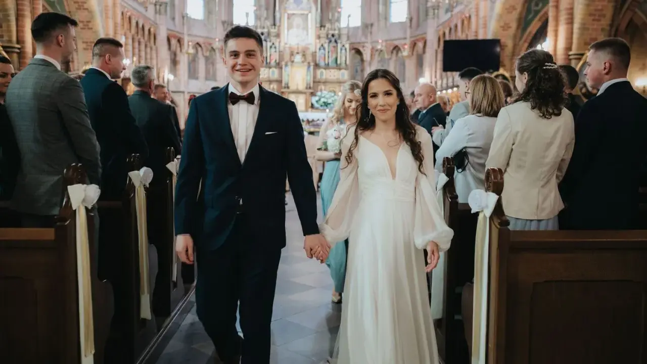 Para młoda idzie do ołtarza w kościele. To piękny ślub konkordatowy, pełen radości i miłości.