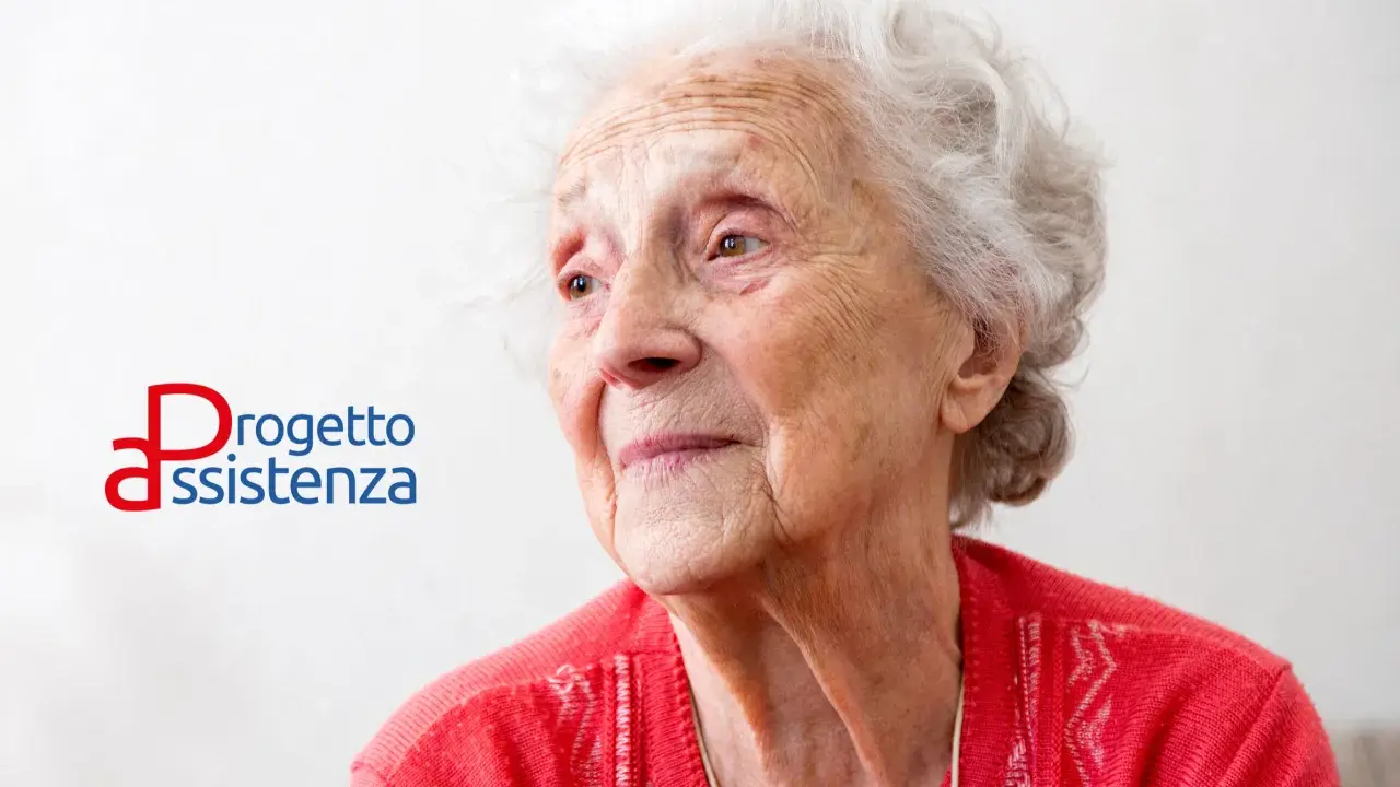 Ritratto di un'anziana signora con capelli bianchi, che guarda lontano. Accanto, il logo "Progetto Assistenza", che evoca cura e supporto, anche in caso di demenza senile a 88 anni.
