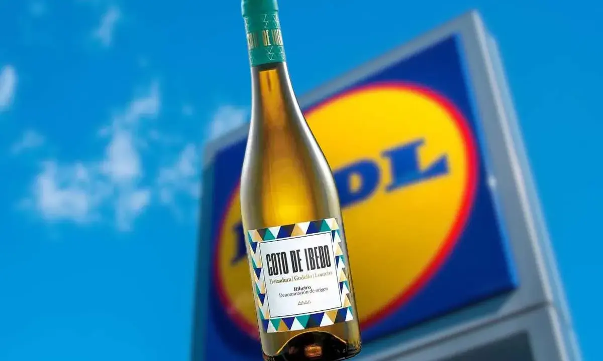 Botella de vino blanco Coto de Ibedo con etiqueta colorida, frente a un cartel de Lidl.