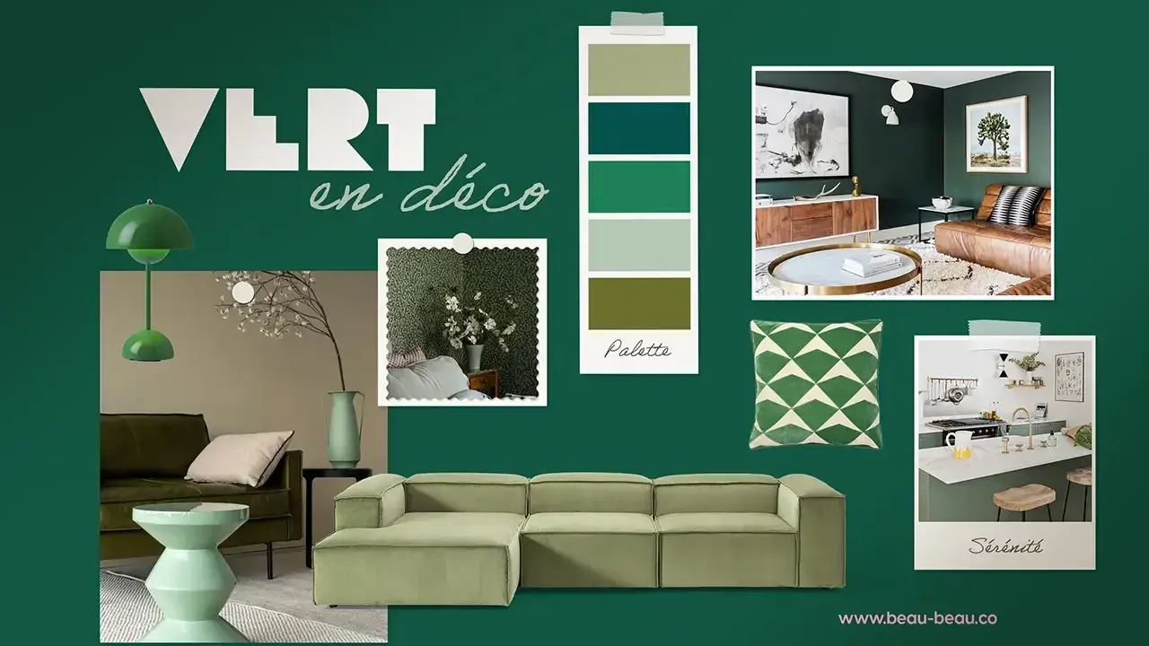 Inspiration déco : avec quelle couleur associer le vert pour une ambiance sereine. Palette de verts, canapé, coussin, cuisine et salon.
