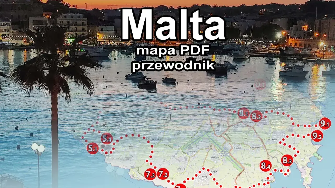 Malta: mapa PDF przewodnika po atrakcjach wyspy. Zobacz punkty 5.1, 7.1, 8.1, 8.2, 8.3, 8.4, 9.1, 9.2 i inne.