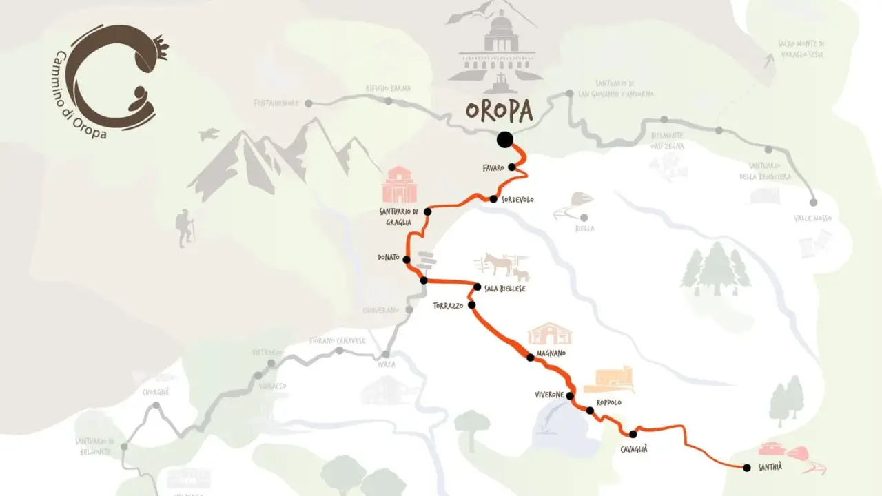 Mappa stilizzata del Cammino di Oropa, con sentieri, santuari e località.