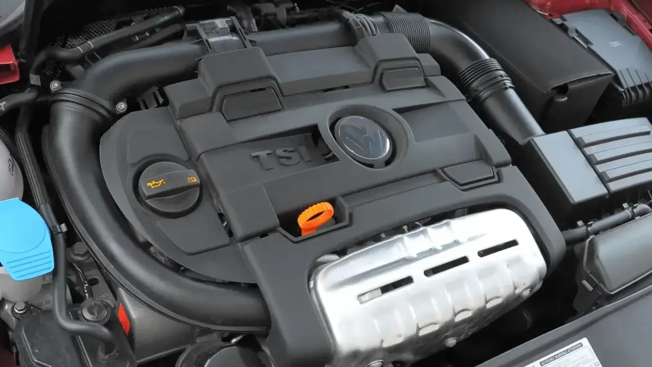 Silnik 1.4 TSI z widocznym logo VW. Czarna pokrywa silnika z napisem TSI i pomarańczową pętlą do sprawdzania oleju.
