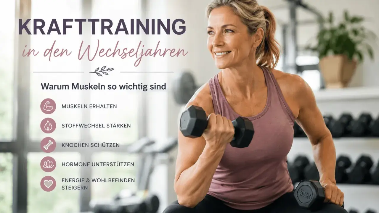 Frau hebt Hantel, zeigt Vorteile von Krafttraining in den Wechseljahren: Muskeln, Stoffwechsel, Knochen, Hormone, Energie.