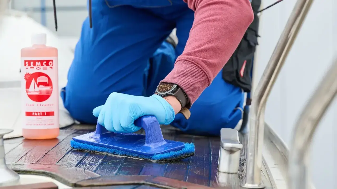 Person reinigt mit blauer Bürste und SEMCO Teak Cleaner das Holzdeck eines Bootes.