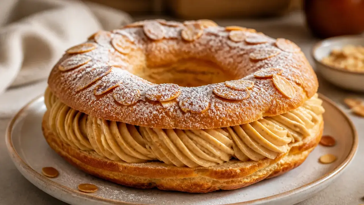 Un Paris-Brest, rond et généreux, garni de crème pralinée, saupoudré de sucre glace et d'amandes effilées. Une invitation à la gourmandise.