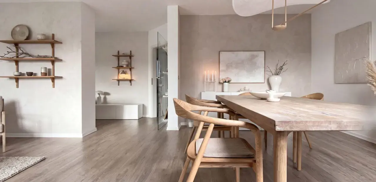 Interni in stile wabi sabi con tavolo in legno grezzo, sedie in legno chiaro e decorazioni minimaliste.