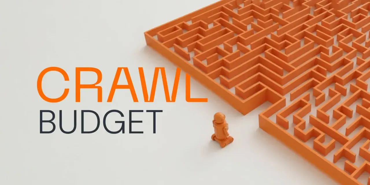 Pomarańczowy robot stoi przed labiryntem, symbolizując wyzwania związane z optymalizacją crawl budget.