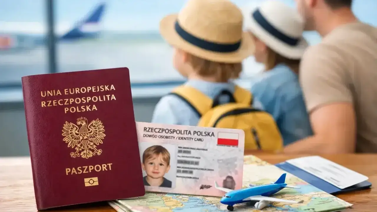Paszport, dowód osobisty dziecka, mapa i samolot na tle rodziny w podróży.