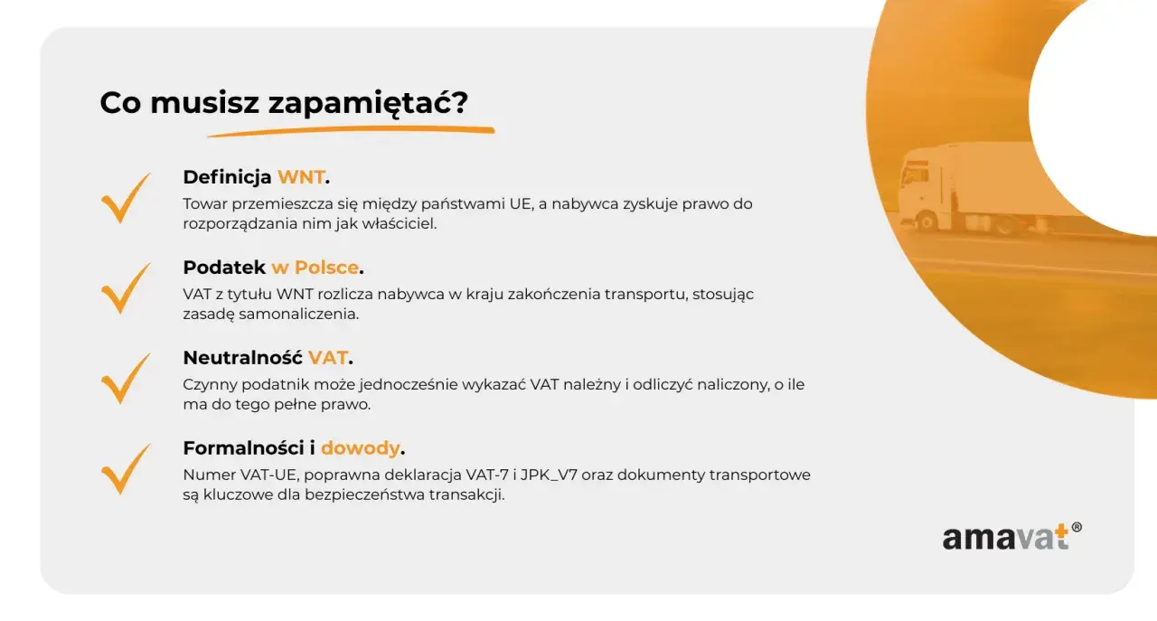 WNT: towar UE, nabywca rozporządza jak właściciel. Podatek w Polsce rozlicza nabywca. Neutralność VAT. Formalności i dowody kluczowe.