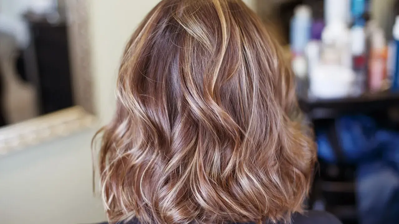 Piękne, falowane brązowe włosy z subtelnymi blond refleksami, które dodają im głębi i blasku.
