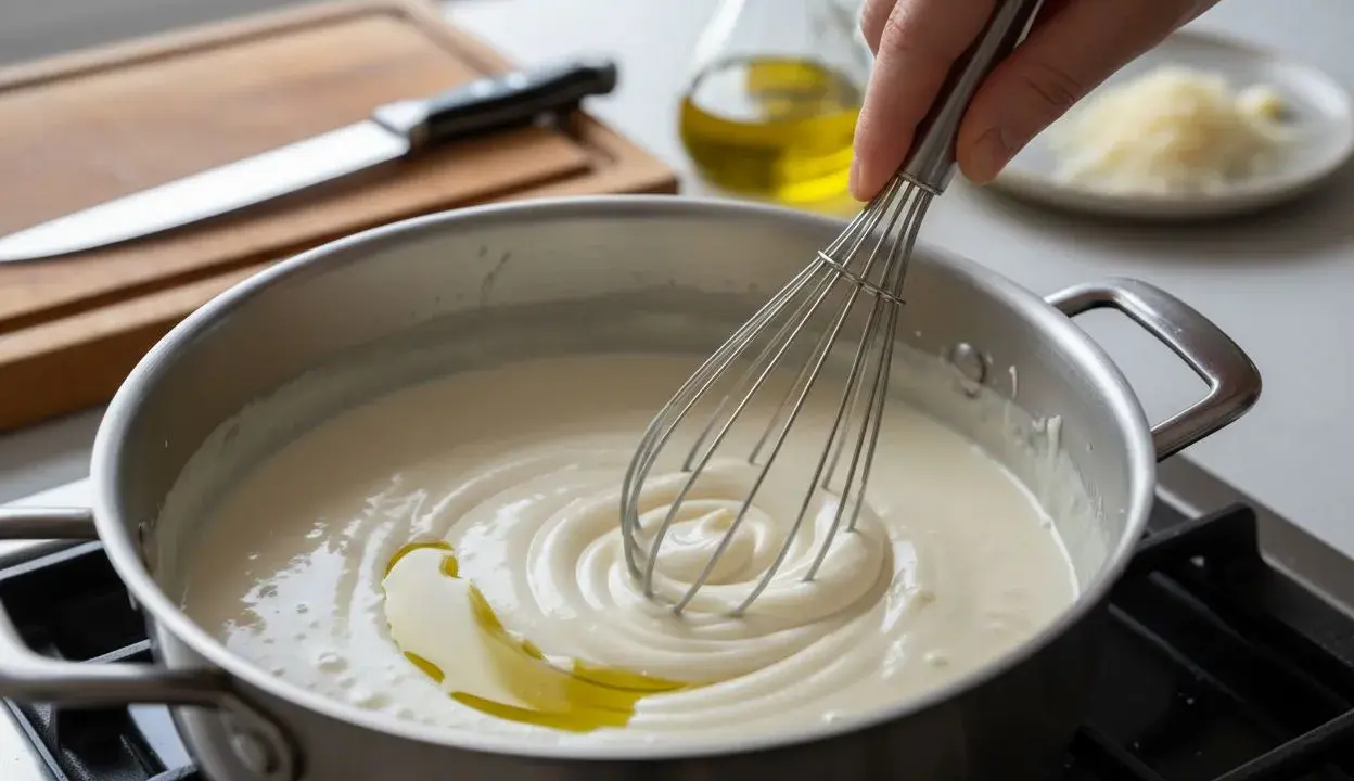 Préparation d'une béchamel sans beurre onctueuse, fouettée avec de l'huile d'olive dans une casserole.