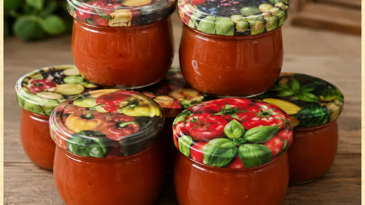 Sześć słoików domowego ketchupu z cukinii, z kolorowymi nakrętkami ozdobionymi warzywami i ziołami.