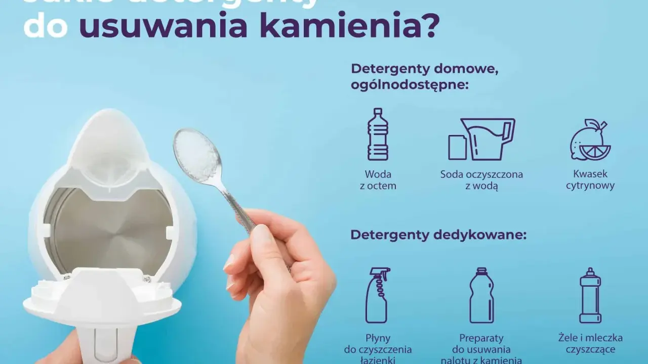 Domowe sposoby na kamień: woda z octem, soda oczyszczona z wodą. Dostępne też preparaty do usuwania nalotu z kamienia.
