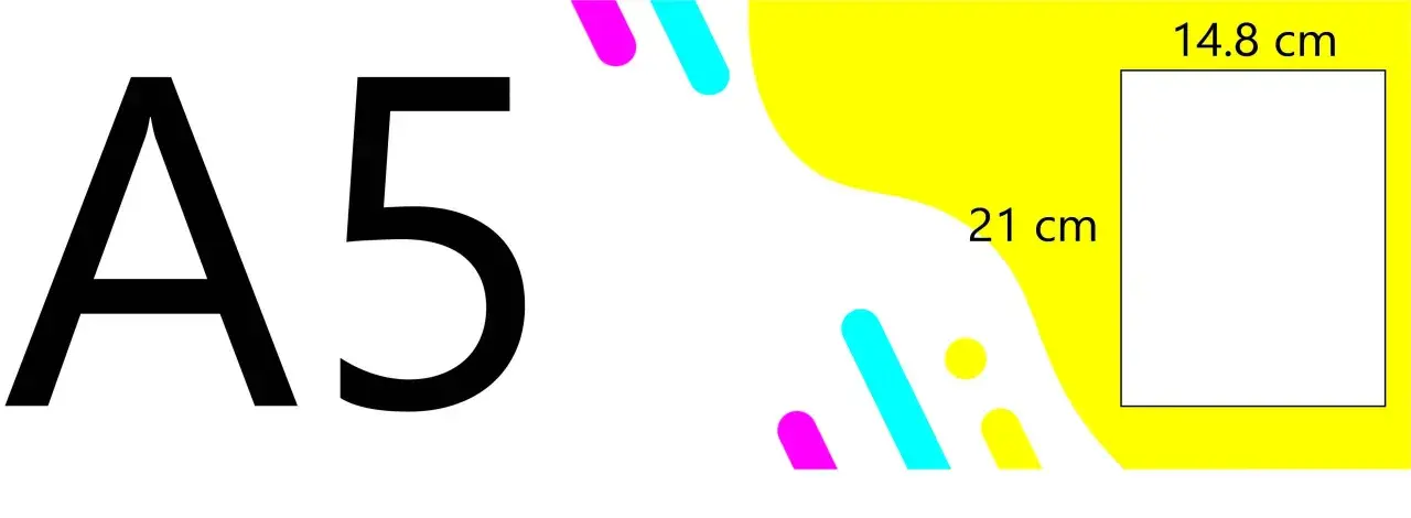 El tamaño A5, 14.8 x 21 cm, se muestra con un diseño vibrante y moderno.