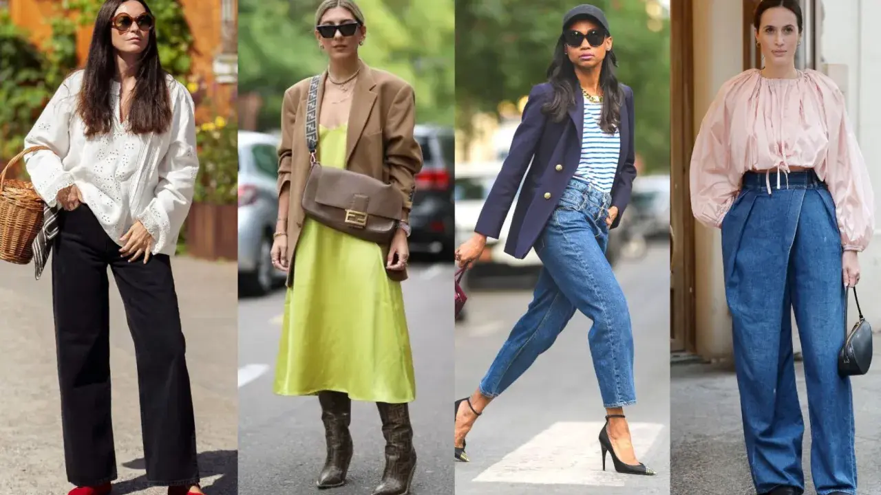 Four women showcase stylish outfits, proving that a casual dress code can be chic. From wide-leg pants to slip dresses, these looks are perfect for any occasion.