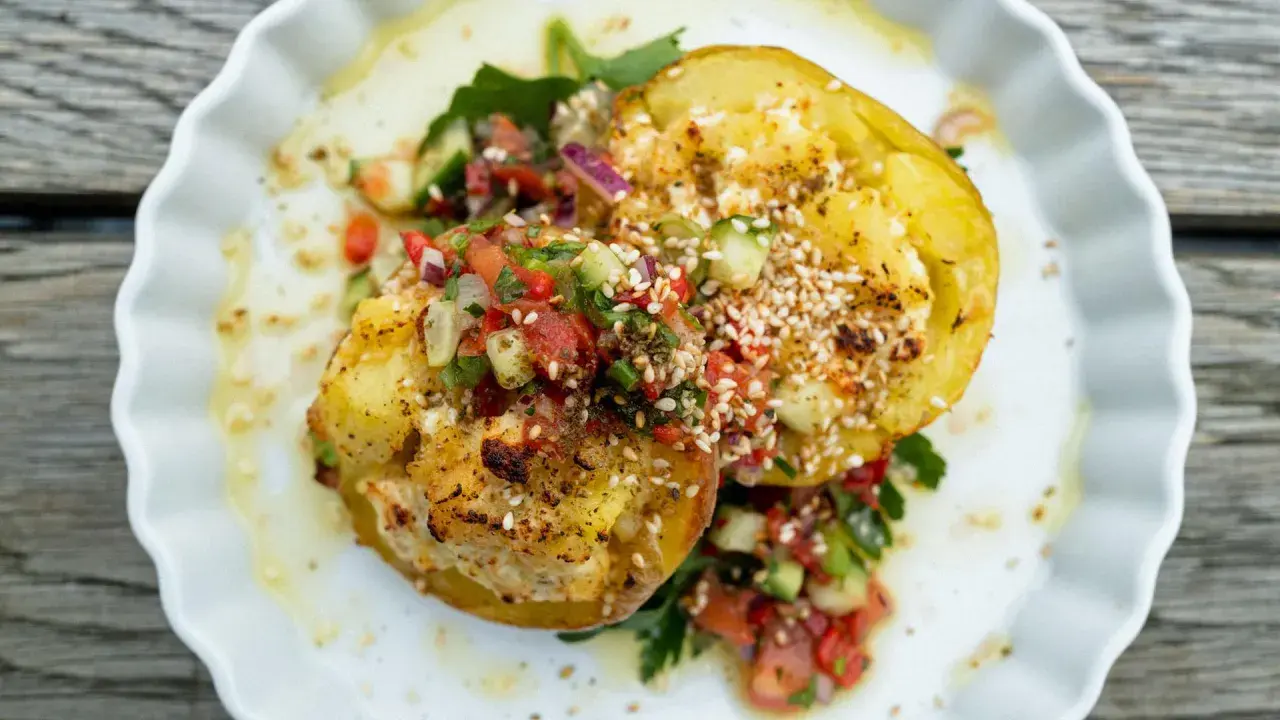 Kumpir rezept: Zwei gebackene Kartoffelhälften, gefüllt mit Käse und belegt mit frischem Tomaten-Gurken-Salat und Sesam.