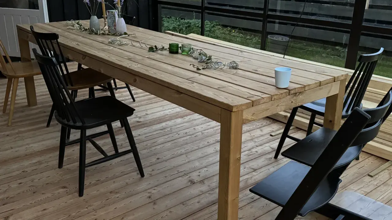 Ett träbord och stolar på en altan. Bordet är dekorerat med blommor och ljus. Perfekt för att behandla furu utomhus och njuta av sommaren.