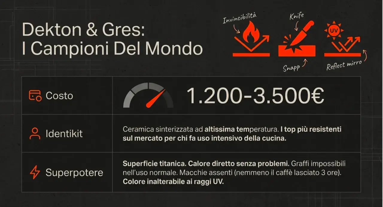 Dekton e Gres: campioni del mondo. Costo 1.200-3.500€, ceramica sinterizzata resistente, superficie titanica.