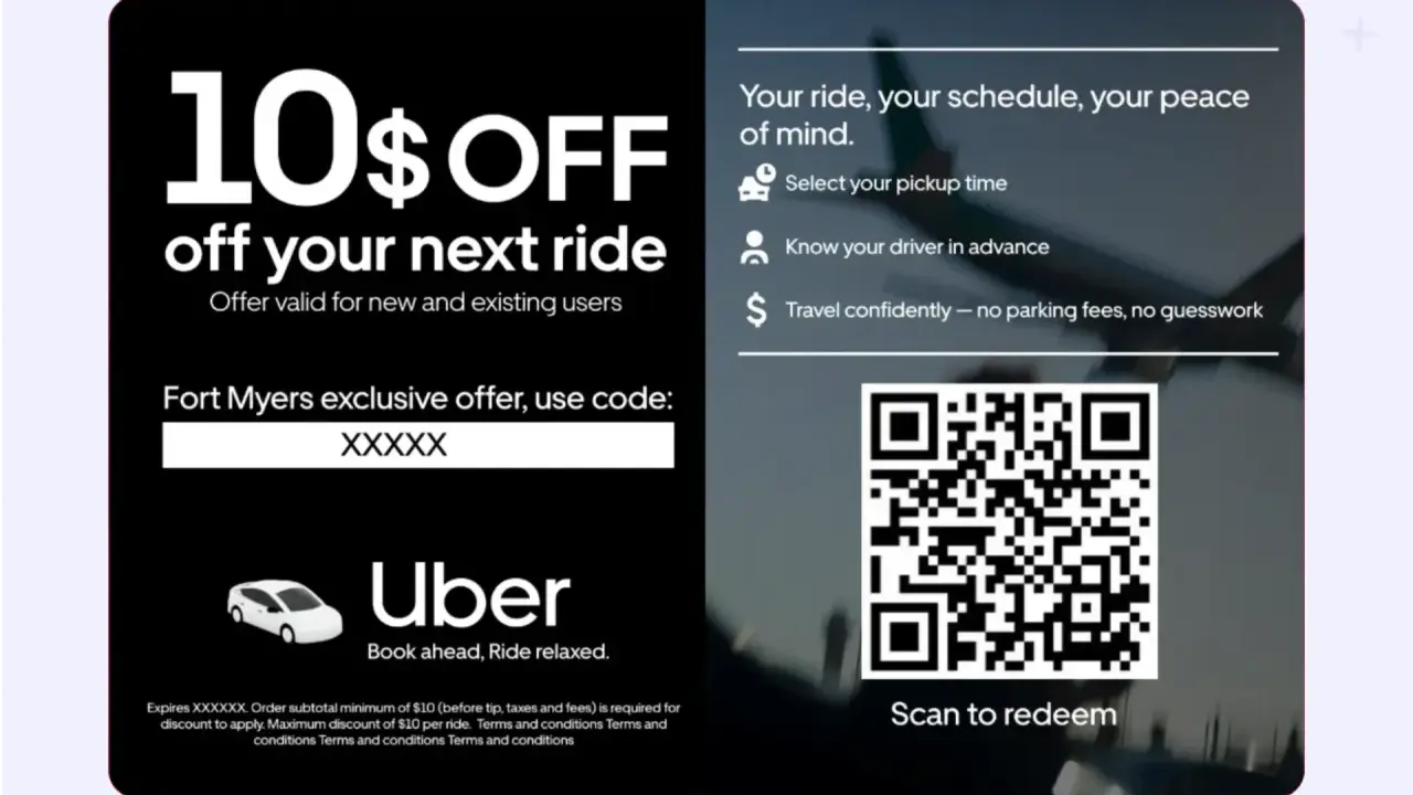 Ulotka informacyjna Uber: 10$ zniżki na przejazd, kod rabatowy, QR kod do zeskanowania.