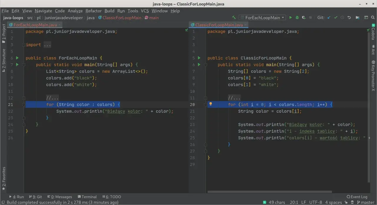 Kod Java z pętlą for-each, która iteruje po liście kolorów. Widać fragment kodu z pętlą while js, która jest używana do podobnego celu.