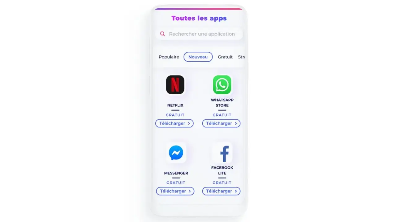 Interface d'une application rappel Android, affichant Netflix, WhatsApp, Messenger et Facebook Lite, tous gratuits à télécharger.