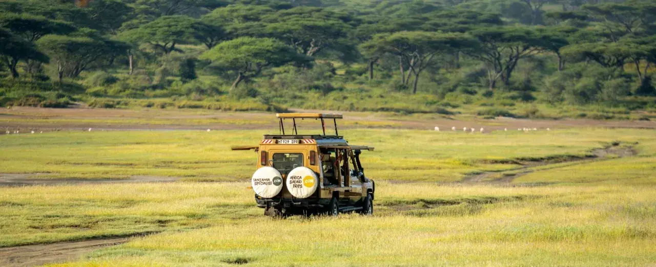 Gul safari-jeep kör genom savannen. För att skydda sig mot malaria, malariaprofylax är viktigt för resenärer.