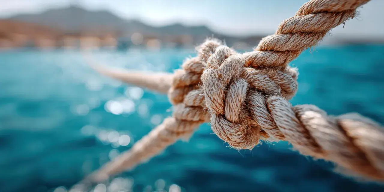 Gros plan sur un nœud de marin bien serré, sur fond de mer bleue et de montagnes floues. L'art de faire un noeud de marin est essentiel pour la sécurité en mer.