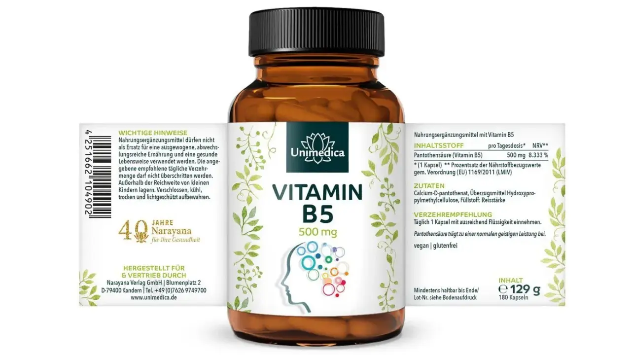 Flasche Unimedica Vitamin B5 (Pantothensäure), 500 mg. Hilft bei normaler geistiger Leistung.