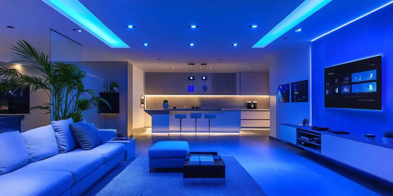 Nowoczesny salon z kuchnią, oświetlony niebieskim światłem. Porównanie lumenów różnych źródeł światła, od sufitowych po taśmy LED.