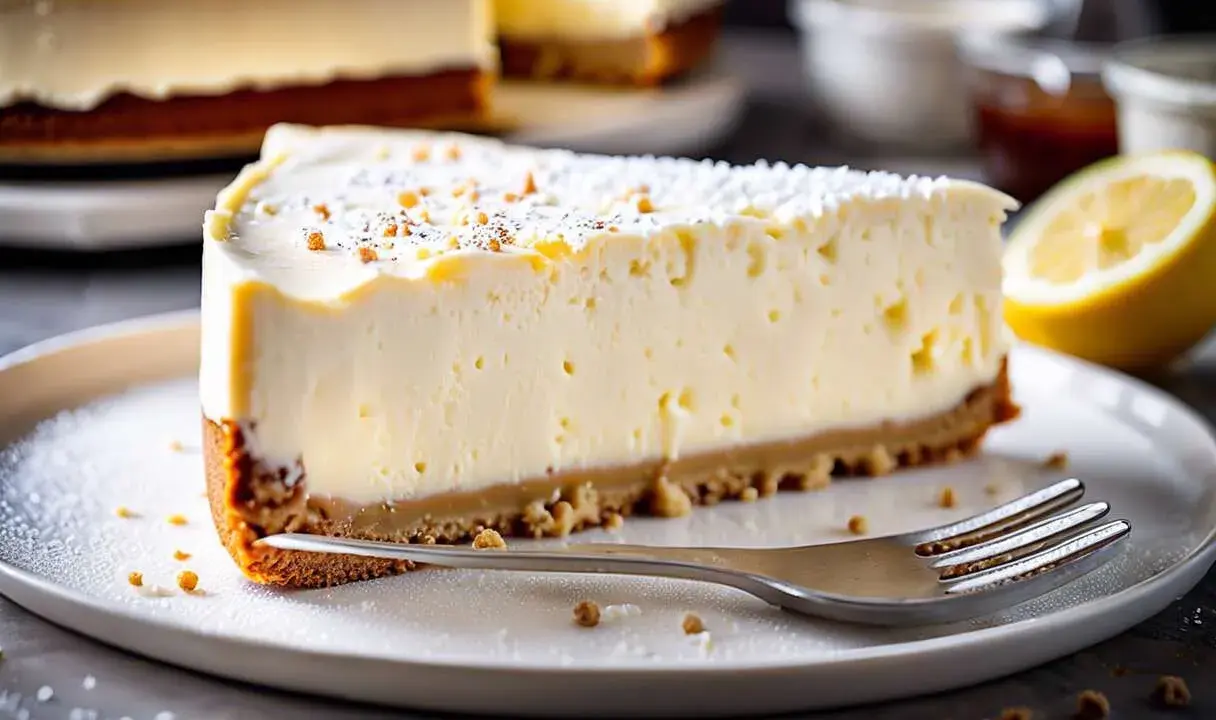 Tranche de cheesecake healthy sans cuisson, crémeuse et légère, garnie de miettes et saupoudrée de sucre glace. Un délice !