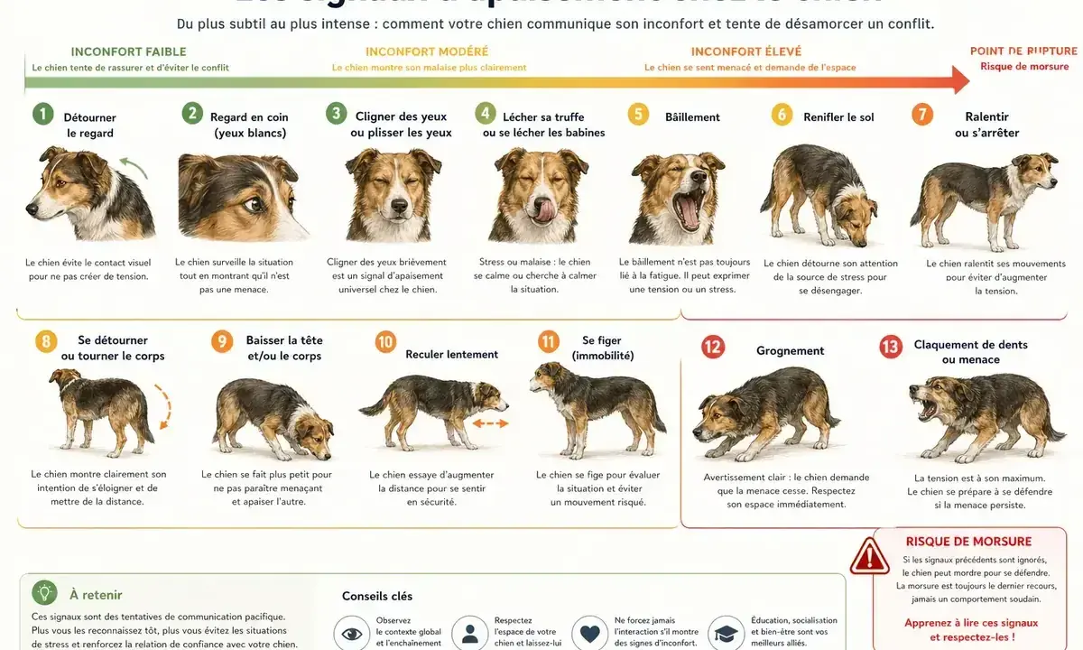 Infographie sur les signaux d'apaisement du chien, de l'inconfort léger au risque de morsure. Reconnaître ces signes, comme le bâillement ou le regard en coin, aide à prévenir les situations de stress, même chez un chien atteint d'atrophie rétinienne p...